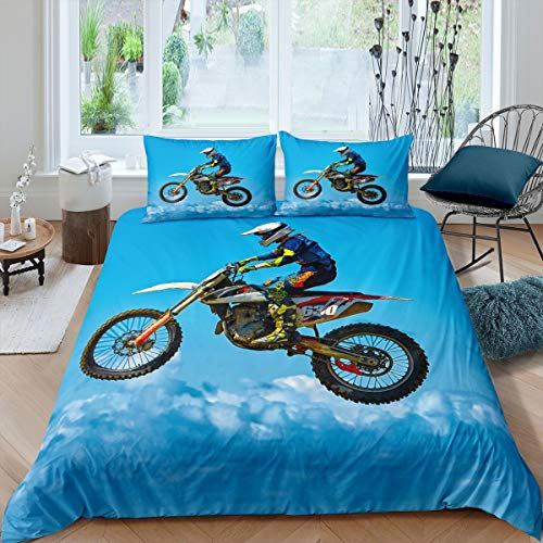 Loussiesd Motocross Rider Bettbezug Set Extremsport Thema Bettwäsche Set 135x200cm für Kinder Erwachsene Motorrad Design Betten Set Motocross Illustration Raumdekor 2St. Mit 1 Kissenbezug
