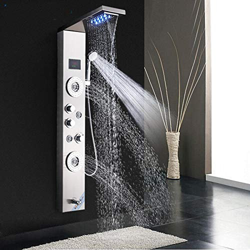 Baño Ducha Grifo Masaje Chorros Bañera Ducha Columna Mezclador Grifo LED Cascada Lluvia Panel de ducha Mampara de ducha-Nickle