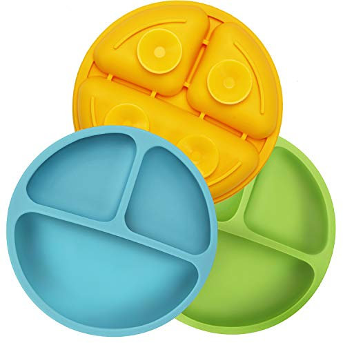 PandaEar Platos antideslizantes con ventosas de silicona para bebé y niños - Platos estables y divididos – sin BPA – Paquete de 3 – Apto para lavavajillas y microondas (Azul/verde/amarillo)