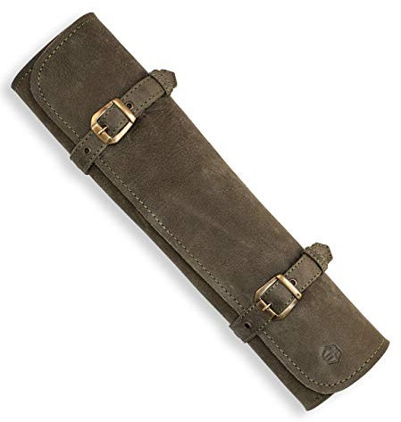 Angus Stoke Leather Chefs Knife Bag, 7-Compartment Genuine Leather Chef's Knife Roll, Large, Knife Bag for Kitchen, Sam (Olive Green)