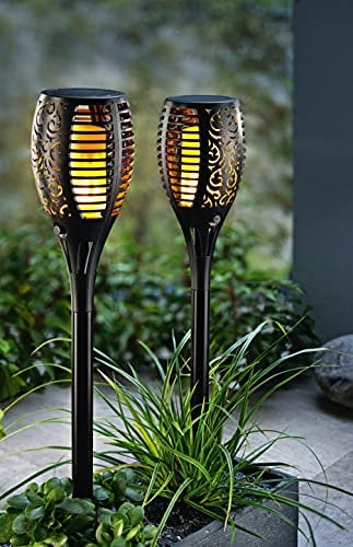 SONNENKERZE SOLAR-GARTENSTECKER FLAME, 2ER-SET SCHWARZ, 3 IN 1 FUNKTION: GARTENFACKEL, HÄNGELEUCHTE, TISCHLEUCHTE MIT LED FLAMMEN-EFFEKTBELEUCHTUNG