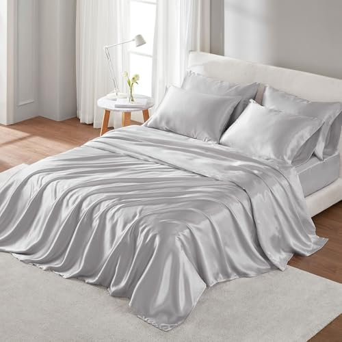 Madison Park Essentials - Set di lenzuola in raso di lusso e setose con lucentezza naturale, tasca profonda 40,6 cm, elastico tutto intorno, biancheria da letto matrimoniale, grigio chiaro, 6 pezzi