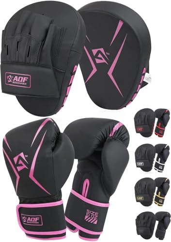 AQF Boxhandschuhe Und Pratzen Set Für Boxsack Kickboxen Kampfsport Training | 08–16 Oz, Box-Set Erwachsene, Kunstleder, Mehrlagige Polsterung, Komplettes Trainingsset, Boxing Gloves Mit Gebogenen Boxpad