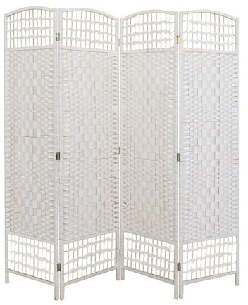 LW Collection Paravent Raumteiler Weiß Rattan - Raumteiler 4 Paneele - Trennwand 170x160cm - Paravent Fertig