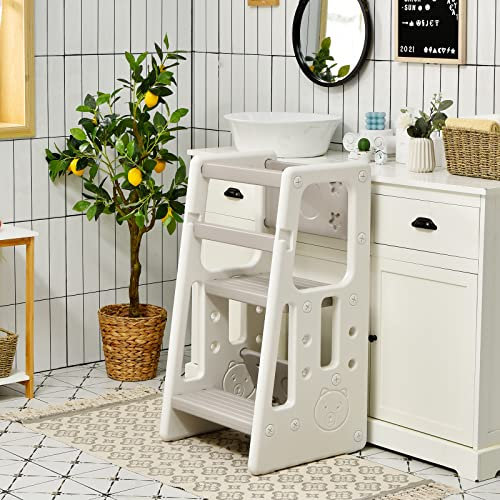 COSTWAY Torre de Aprendizaje Montessori 2 en 1,Torre de Taburete Infantil con 3 Alturas Ajustables y Patas Antideslizantes,Torre de Observación para Niños para Cocina Baño Comedor 47x47x90cm