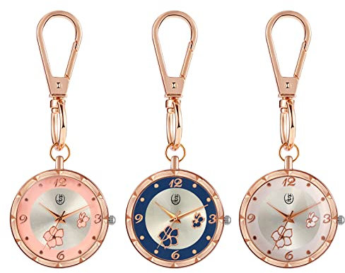 JewelryWe Blumen Uhr mit Karabiner Schlüsselanhänger: 3 Stück Damen Karabineruhr Blütenblätter Analog Quarz Taschenuhr mit Rundem Zifferblatt und Rosegold Gehäuse