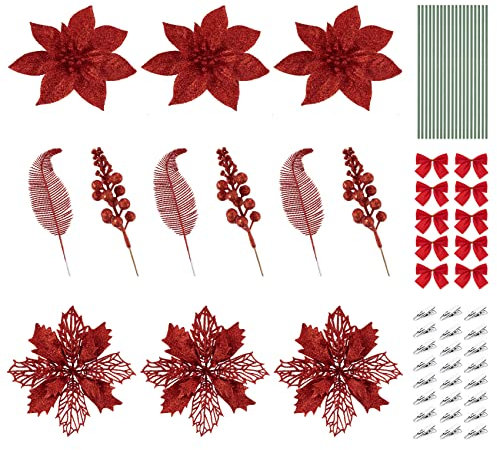 ilauke 30 Stück Weihnachtsblume Künstliche, Weihnachtsstern Blumen Weihnachten Glitzer Weihnachtsbaum Deko Rot mit Beerenstiel Clip Laub für Weihnachtsblumen Baum Kränze Dekorationen Ornament
