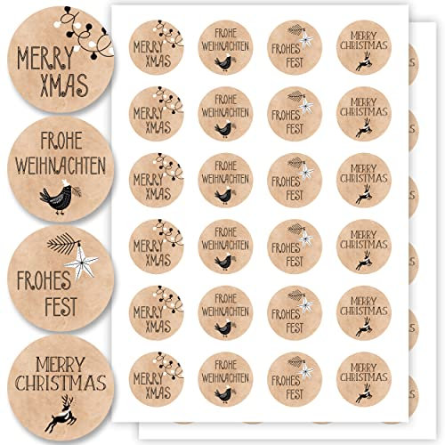 Aufkleber für Weihnachten (48 Sticker) - Weihnachtsaufkleber zum Beschriften für Geschenke - Weihnachtssticker Rund - Weihnachts Etiketten für Beschriftung - Selbstklebend - Kraftpapier-Optik Floral