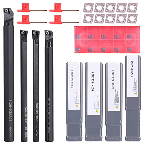 VerRich 14PCS Indexable Lathe Turning Tools Kit,4 PCS Metal Lathe Turning Tools Holder S07K,S08K,S10K,S12M-SCLCR06 with 10pcs CCMT060204 Carbide Inserts