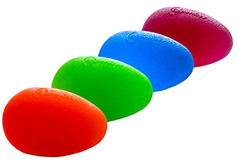 Eggsercizer Handtrainer, 4-teiliges Set mit Widerstandsstufen, je 1 Orange X-Soft, Grün Soft, Blau Medium, Lila Fest, Perfektes Werkzeug für Handtherapie und Griffstärkung