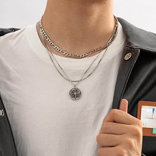 Bysonglezai Halskette Herren Pulloverkette Damen Anhänger Männer Frauen Geschenk 3Pcs / Set Hip-Hop Rock Kompass Runde Anhänger Halskette Für Männer Frauen Vintage Quadrat Schlange Kette Halskette