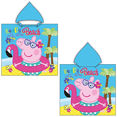 Peppa Wutz Pig Kinder Kapuzen Bade-Poncho Beach 60 x 120 cm 100% Baumwolle Veloursqualität Sunny Poncho Bademantel Pareo Badetuch Strandtuch Duschtuch Handtuch Cartoon Piggie Grampy Rabbit Mümmel
