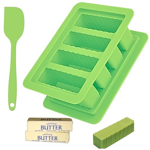 Moule à beurre en silicone (LXE02.2) et spatule en silicone – Bac à beurre en silicone avec couvercle, 4 formes de bâtons pour faire des herbes, du beurre, des bougies, des biscuits