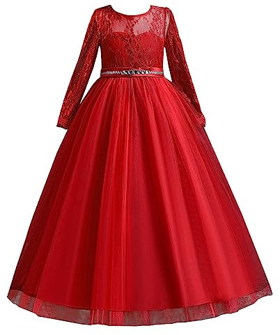 M MUNCASO Lace Long Sleeve Princess Dress,Flower Girls Lace Dresses,First Communion Pageant Dresses,Girls Dresses Flower Girl Dress for Christmas Party,Birthday Party,Carnival Red