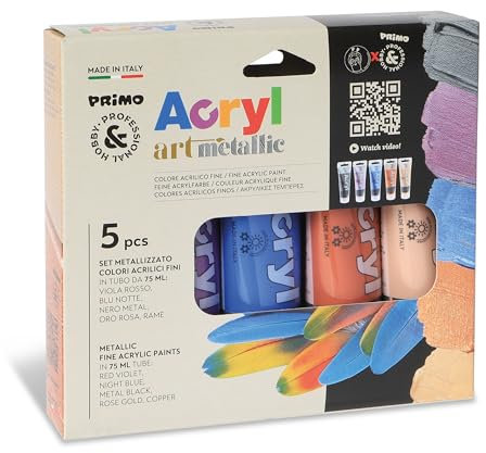 PRIMO Hobby & Professional - Acrylfarben-Set für Professionelle Malerei mit 5 Tuben Feiner Acrylfarbe 75 ml Metall, Acrylfarben-Set für Leinwand, Textilien und Mehr, Kreatives Arbeiten und Hobby