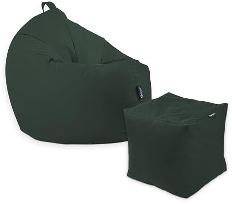 BuBiBag Premium 2-in-1 Sitzsack mit Füllung | für Kinder & Erwachsene | Outdoor & Indoor | Sitzkissen | Bodenkissen | Wasser- & schmutzabweisend + Sitzpouf 35x35x35cm (Dunkelgrün, 100 cm + Sitzspouf)