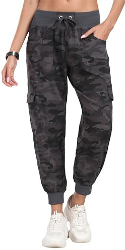 JINSHI Outdoorhose Damen Tarnhosen Cargohose Lange Trekkinghose Leichte Wanderhose Freizeithose Jogginghose mit Mehrfach-Taschen Camo Grau XXL