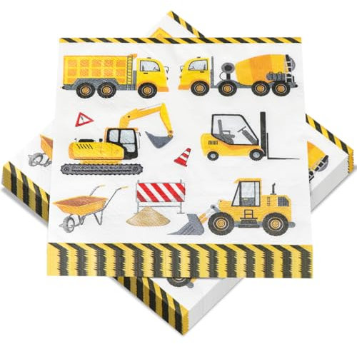 Servietten Bagger, 40 Stück Baustelle Servietten für Geburtstag, Servietten Tischdeko Baufahrzeug Bulldozer Radlader, Fahrzeuge Papierservietten für Kinder Geburtstag BAU Motto Party, 33 x 33 cm