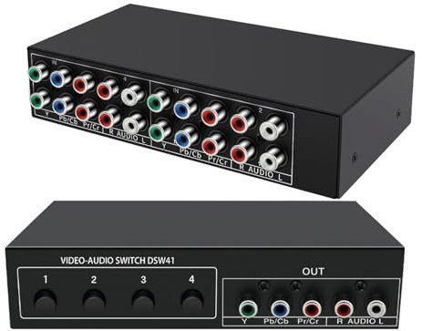 Component AV Video Switch Box 4 in 1 out, BolAAzuL 4 Port 5 RCA YPbPr Cable RGB Component AV Switcher Selector Converter 4-Way Plug & Play for Retro Gaming PS2 Wii Xbox DVD Player TV