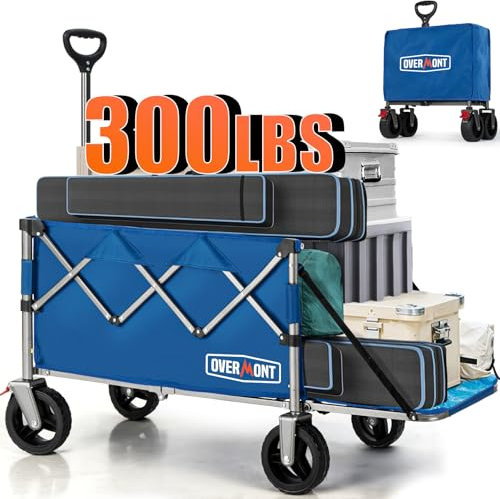 Overmont 300L Folding Festival Trolley Cart - All-terrain Extra Wide Wheels and Brake - Heavy Duty Cart Load up 150KG - with Adjustable Handle & Cover Bag - Wagon for Beach Camping Garden, Blue