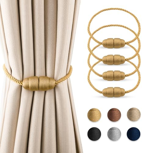 Dalababa 4 Stück Magnetische Vorhang Raffhalter, Gold | Vorhanghalter Seil Gardinenhalter, Raffhalter für Vorhänge Vorhangschnalle für Home Büro Gardinen Deko