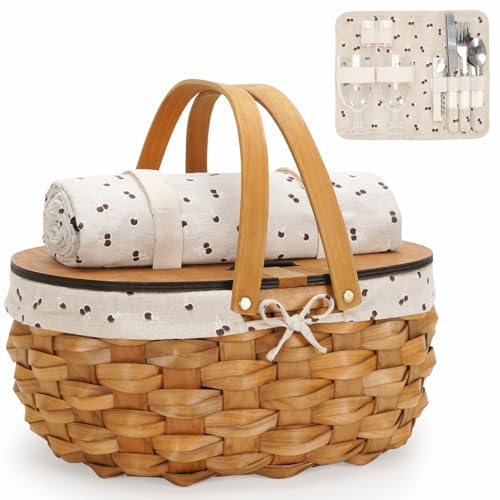 TECANA Picknickkorb Set für 2 - Picknick-Set mit Deckel und Griff | Picknick-Set mit herausnehmbarem Einsatz | Picknickkörbe für Paare | Strand-Picknick-Set | Campingkorb mit Decke (Walnuss)