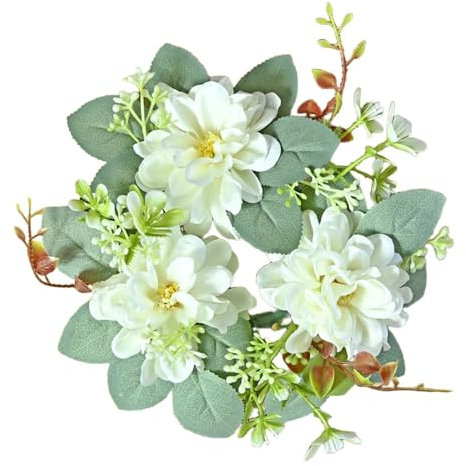 Pack of 4 Candle Rings Simulated Dahlia Candelabra Garland Artificial Candle Wreath Flower Wreath Candle Garland Candle Wreath for Christmas Table Decoration Wedding Decoration, White