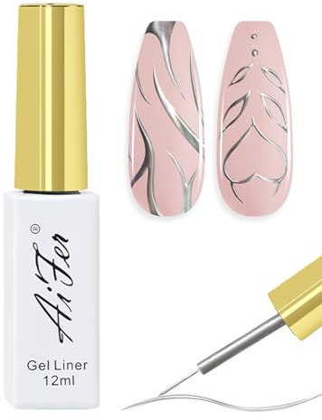 Silver Chrome Liner Gel Polish, Metallic Silver Liner Gel Nail Polish, 3D Mirror Effect French Tip Paint for Nails - Built Thin Nail Art Brush Soak Off Nails Art Painting Drawing Swirl Nails