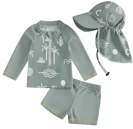 Maillot de Bain Bébé Garçon 3 Pièce Anti UV T-Shirt Manches Longues + Short de Bain + Chapeau de Soleil Costume de Bain Piscine Nataiton Plage (Vert Motif, 6-12 Months)