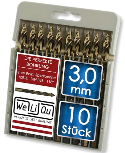 WELIQU 10 Stück HSS-E Kobalt Step Point Spiralbohrer Ø 3,0 mm, geschliffene, selbstzentrierende Metallbohrer, 118° für Stahl, Edelstahl, Aluminium, Messing, Bronze, Gusseisen, Hartholz, Kunststoff