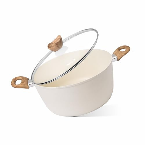 Non Stick Cooking Pots with Glass Lid – 7.4 Quart Induction Hob Stock Pot – Kitchen Deep Casserole Cookware – 28cm, Cream – by Nuovva