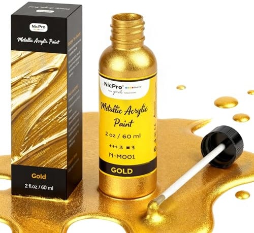 Nicpro Colori Acrilici Oro Metallizzati, 60 ml Pittura Oro, Non Tossica, Non Sbiadita, Vernice Acrilica Oro Metallo per Legno, Artigianato, Metallo, Tessuto, Tela, Mobili, Cucito, Forniture D'Arte