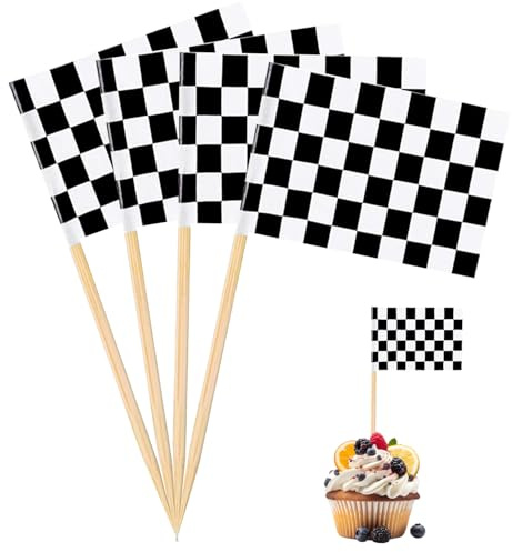 elook 100PCS Checkered Flag, Toothpick Flags, Reusable Car Cake Decorations, Black and White Racing Food Flags for Party - 3.5 x 2.5cm