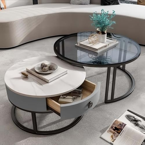 AMZSEW Coffee Tables,Nesting Tables with Storage Drawers,Round Nest of Tables Set of 2, Marble Center Tea Table with Metal Frame,End Side table for Small Space/Living Room/Bedroom,(ROUNDGRAY)