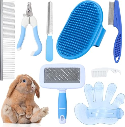 8 PCS Kit de Toilettage pour Petits Animaux Ensemble Professionnel Tout-en-Un avec Brosse Coupe-ongles Peigne Gant Massage Lapins Cochons d Inde Hamsters Lapereaux