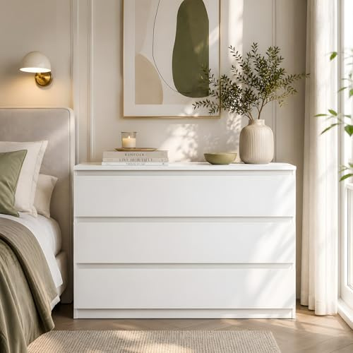 GOKHOMX Kommode Weiß 100 cm Breit, Grifflos Schubladenkommode 3 Schubladen, Modern Sideboard für Schlafzimmer und Wohnzimmer, 40 cm Tief, Stauraum Kommodenschrank Matt