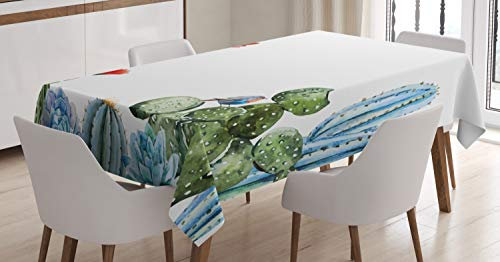 ABAKUHAUS Jahrgang Tischdecke, Kaktus-Blumen-Vögel, Pflegeleicht Waschbar Schmutzabweisend und mit Klaren Farben Hochwertiger Druck, 140 x 200 cm, Grün und Blau