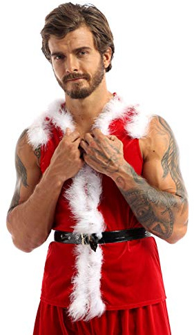 CHICTRY Julkostym för män, jultomte, väst, fjädertrim, ärmlös jacka, rock med stretch, sammet, boxershorts, trunk, shorts, julkläder, röd, XXL