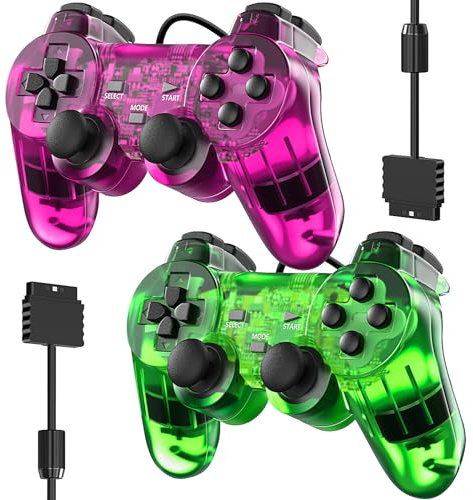 Manettes filaires pour PS2 Double Shock - Lot de 2 télécommandes de manette de jeu compatibles avec Play Station 2 (violet transparent et vert clair)