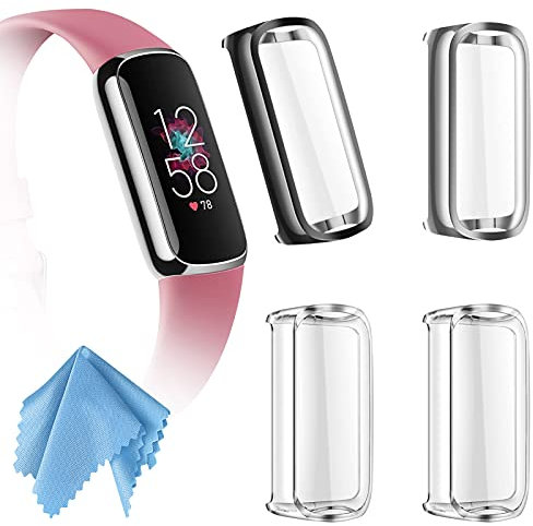 Fintie Hülle kompatibel mit Fitbit Luxe Schutzhülle, [4 Stück] Ultradünne Leichte Displayschutz Schutz Gehäuse Abdeckung, 1 Schwarz + 1 Silber + 2 Transparent