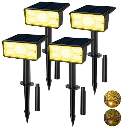 T-SUNUS Faretti Solari da Esterno, 49 LEDs Lampada Solare da Esterno IP65 Impermeabile Luci Solari Giardino Bianchi Caldi 2 Livelli di Luminosità per Cortile Prato Piscina 4 Pezzi