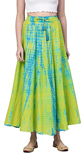 Gonne da donna lunghezza midi fluttuante altalena svasata plissettata alta vita elastica casual floreale a pois stampato lungo maxi gonna, Verde lime-1, XL