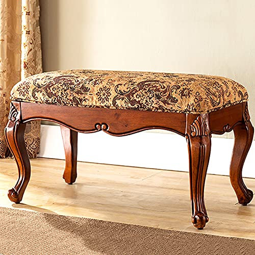 Sofabank im viktorianischen Stil,Retro-Wohnzimmer-Bank Massivholz geschnitzter Rahmen,Baumwollleinen gepolsterte Esszimmerbank-Braun 80x40x45cm(31x16x18inch)