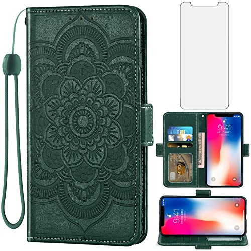 Asuwish Handyhülle für iPhone XS/X Hülle mit Glas Folie Schutzfolie Kartenfach Klappbar Leder Geldbörse Ständer iPhone10Hülle i 10 10s 10x 10xs Handy Hüllen Mandala Schutzhülle Phone Case Dunkelgrün
