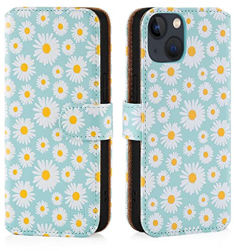 32nd Floral Series 3.0 - Design PU Leather Book Wallet Case Cover for Apple iPhone 14 (6.1), Designer Flower Pattern Wallet Style Flip Case With Card Slots - Blue Daisy