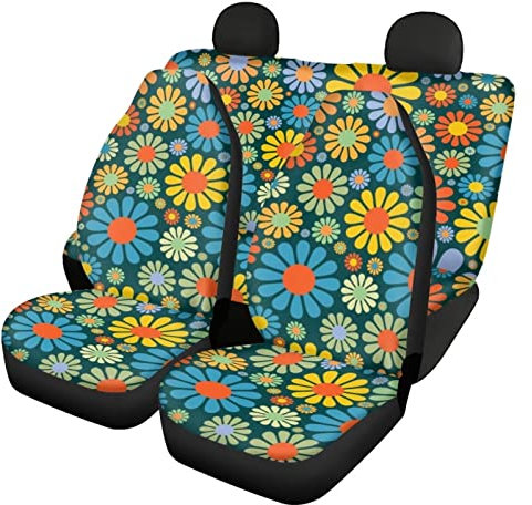 chaqlin Hippie Daisy Auto Sitzbezüge Full Set mit Front Rear Split Bank Sitzschutz für Damen Mädchen Mode Sitzbezüge für Autos,4 Pcs Bunte Daisy Auto Innenraum Zubehör