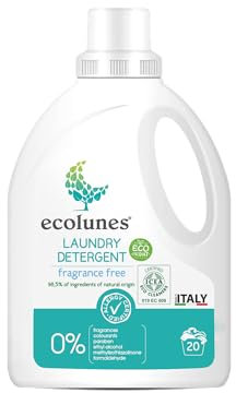 Ecolunes Lessive sans parfum 98,5% d'ingrédients d'origine naturelle, spécialement formulée pour les peaux sensibles, testée dermatologiquement, ne provoque pas d'allergies, 1L