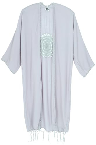 GURU SHOP Leichter Kaftan, Besticktes Offenes Strandkleid, Ibiza Kimono - Rauchgrau, Damen