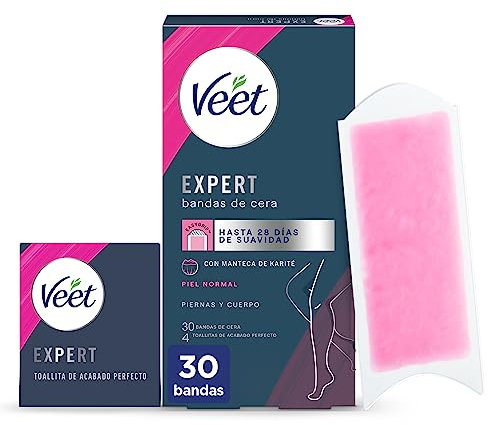 Veet Expert Bandas de Cera Fría Depilatoria para Depilación de Piernas y Cuerpo, con Manteca de Karité, 30 tiras