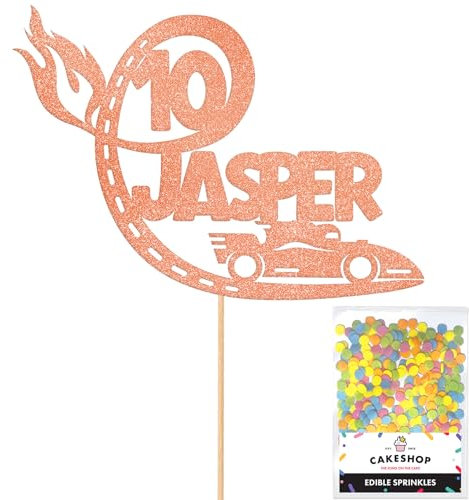 Personalised F1 Motor Racing Car Glitter Cake Topper - Rose Gold Custom Age & Name Glitter Cake Decoration and Sprinkles - Happy Birthday Decorations - Personalised Toppers for Cakes by Cakeshop